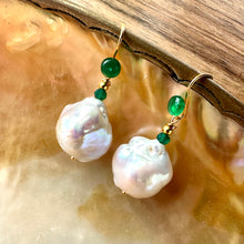 Load image into Gallery viewer, White Baroque Pearl Drop Earrings with Green Agate