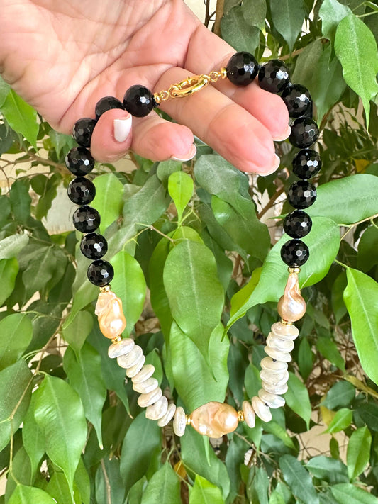 Baroque pearl necklace with black tourmaline beads and golden pink pearls, handmade in Canada
