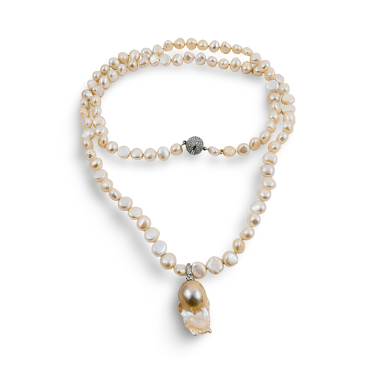 33 inches long Convertible Peach & Ivory Baroque Pearl Necklace with Statement Pendant