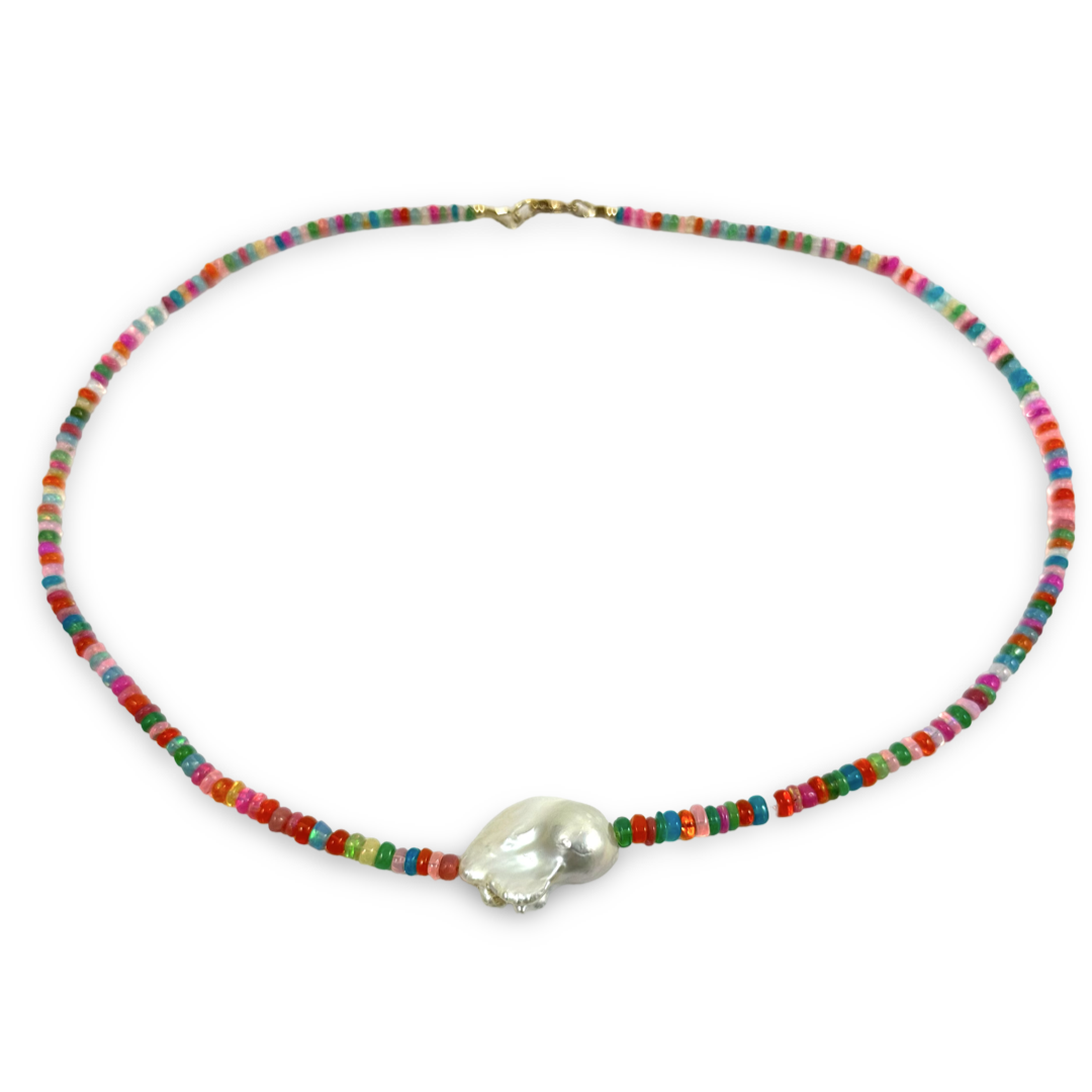 Opal and Baroque Pearl Necklace “CELESTE”, Multicolor Handmade