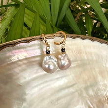 Load image into Gallery viewer, White Baroque Pearl Hoop Earrings, Black Spinel & Diamonds Pave