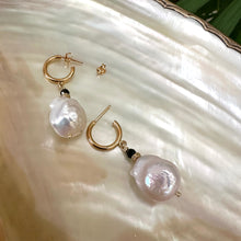 Load image into Gallery viewer, White Baroque Pearl Hoop Earrings, Black Spinel & Diamonds Pave