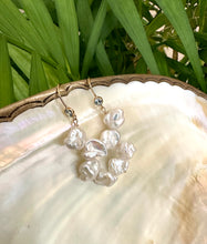 Load image into Gallery viewer, White Keshi Pearl Drop Earrings, composed of 14k gold filled Hook & blue Cubic zirconia Bezel