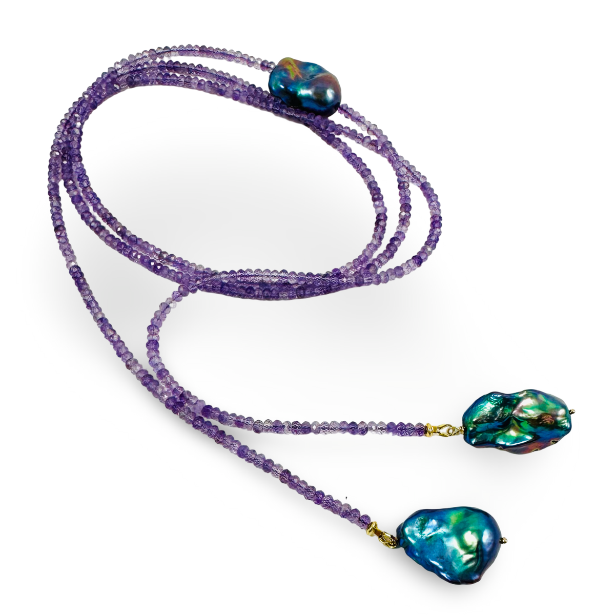 Amethyst and Black Baroque Pearl Lariat Necklace | Handcrafted Design