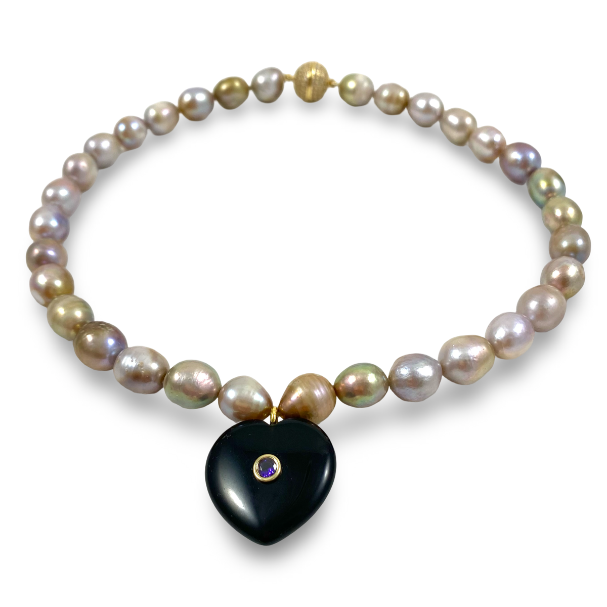 Golden Pearl Choker Necklace with Black Obsidian Pendant, Purple CZ Accent, 16"