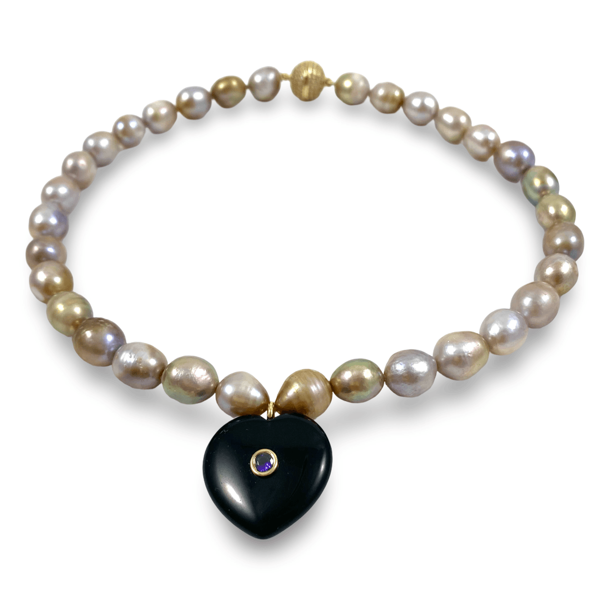 Golden Pearl Choker Necklace with Black Obsidian Pendant, Purple CZ Accent, 16"