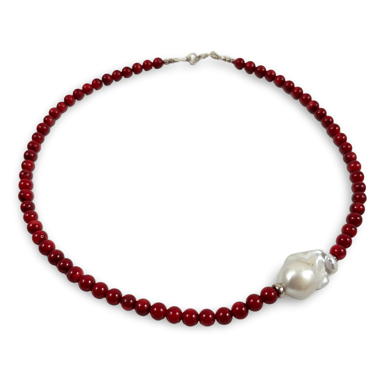 Red Coral Necklace, Baroque Pearl & Silver