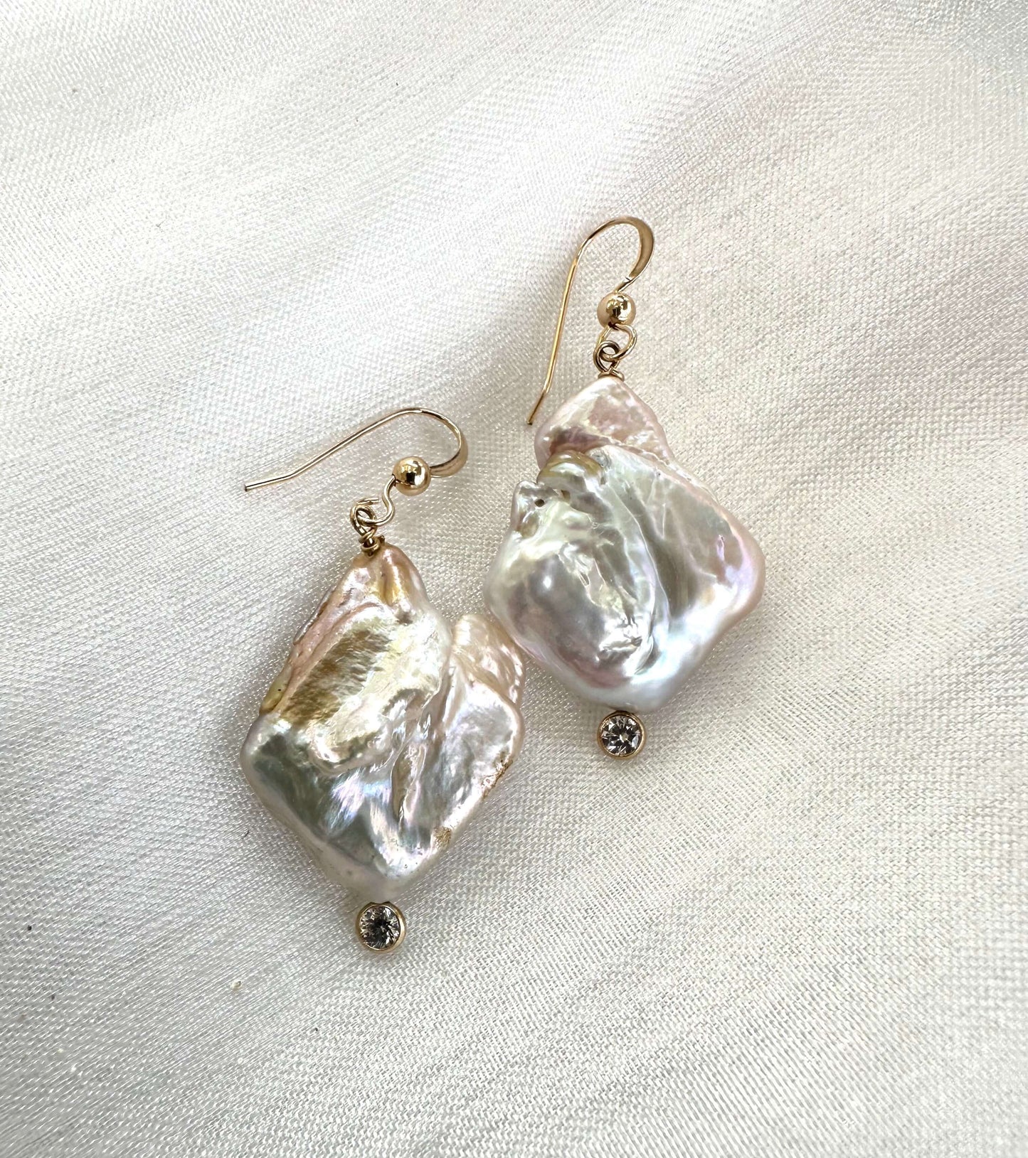 Diamond Shape Pearl Drop Earrings & Clear Cz