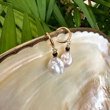 Load image into Gallery viewer, White Baroque Pearl Hoop Earrings, Black Spinel & Diamonds Pave