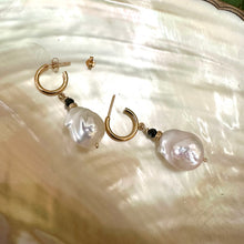 Load image into Gallery viewer, White Baroque Pearl Hoop Earrings, Black Spinel & Diamonds Pave
