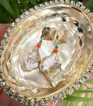 Load image into Gallery viewer, Chunky Baroque Pearls Gold Earrings with Turquoise & Coral