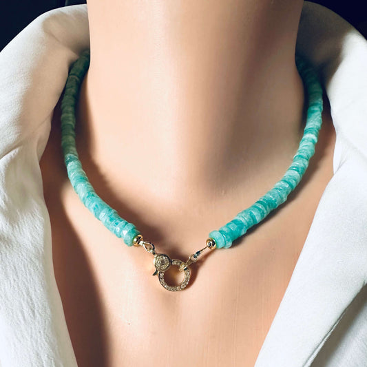 Blue amazonite gemstone necklace with diamond pavé gold vermeil clasp displayed on a mannequin.