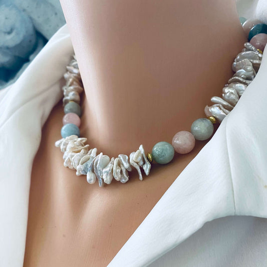 Aquamarine Morganite Necklace – close side view on mannequin