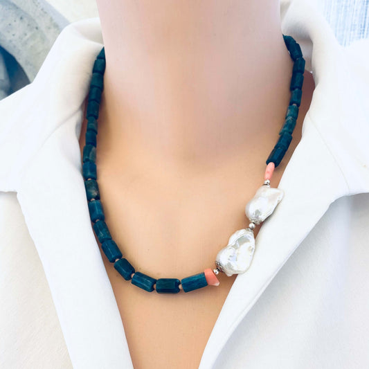 Blue apatite coral pearl necklace on mannequin front view — handcrafted gemstone jewelry featuring baroque pearls and coral accents by Loulia Pearl Jewelry