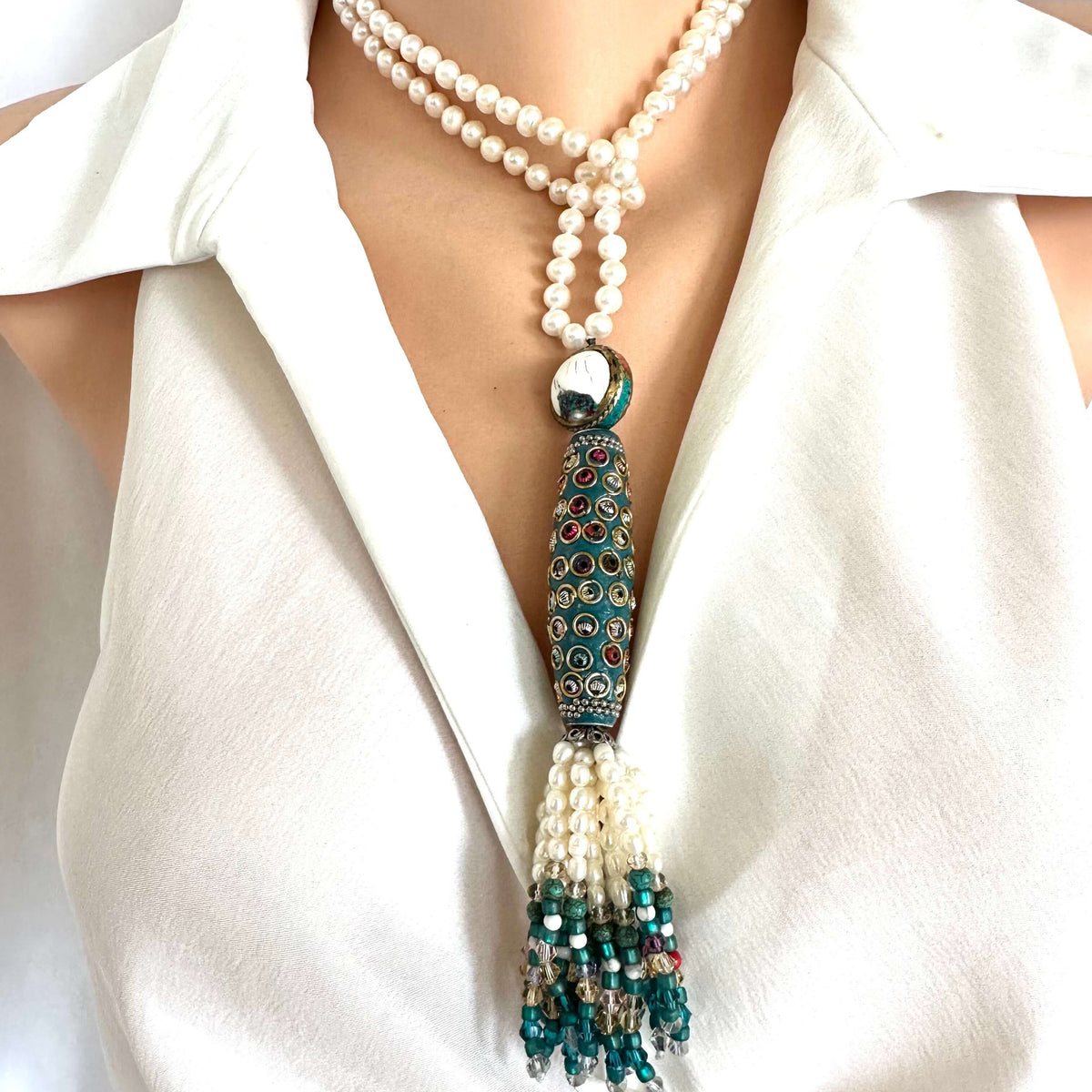 Bohemian Pearl Tassel Necklace showcasing freshwater pearls, colorful beads, and intricate craftsmanship.