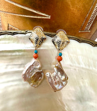 Load image into Gallery viewer, Chunky Baroque Pearls Gold Earrings with Turquoise & Coral