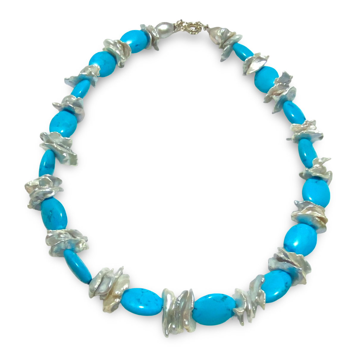 Chunky Turquoise and Silver Grey Keshi Pearl Necklace 19.5 inches