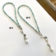 Load image into Gallery viewer, Light shaded blue Amazonite beaded necklace, Heart, pearl and seashell charms. Sterling Silver, 16"inches long