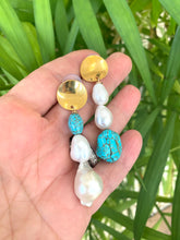 Load image into Gallery viewer, Freshwater Baroque Pearl Gold Dangle Drop Earrings with Turquoise
