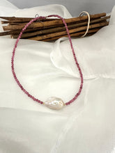 Load image into Gallery viewer, pink tourmaline baroque pearl necklace displayed on white cloth background
