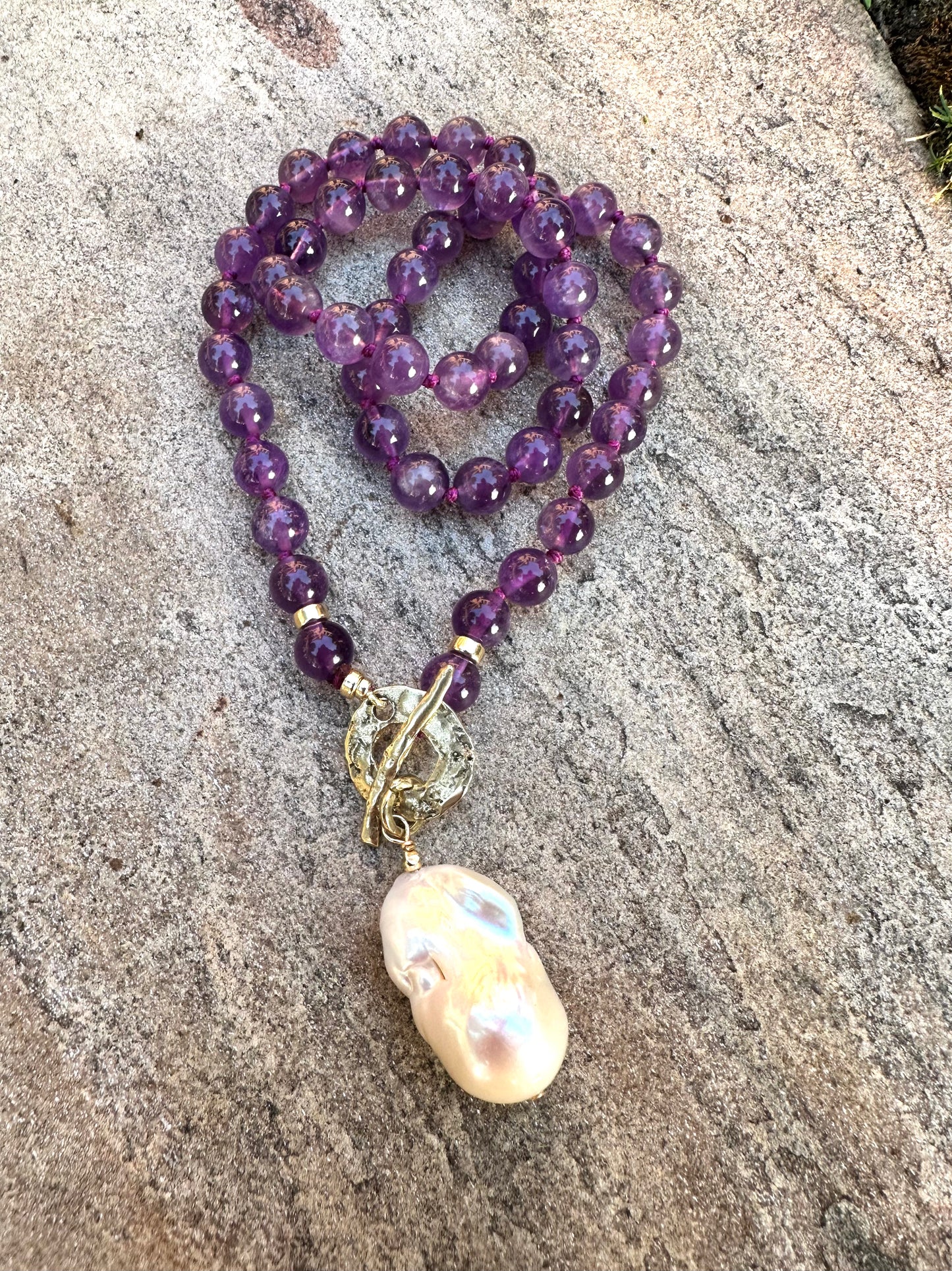 Amethyst toggle necklace with white baroque pearl pendant and gold filled clasp