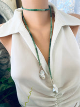 Load image into Gallery viewer, Single strand lariat wrap necklace featuring shaded green chrysoprase rondelle beads and two baroque pearls. The necklace is 42 inches long with gold-plated silver details, offering a versatile and elegant design for women.