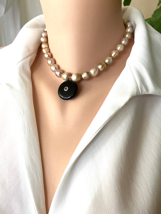 Golden pearl choker necklace with black obsidian coin pendant