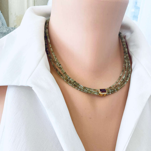 Green orange garnet necklace displayed on a mannequin, featuring multi-strand gold vermeil and 2 mm faceted garnet beads.