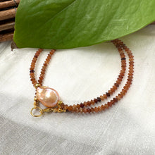 Load image into Gallery viewer, Hessonite Garnet Beaded Necklace with Golden Pink Baroque Pearl in Middle. Gold Vermeil, 17"inches