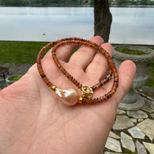 Load image into Gallery viewer, Hessonite Garnet Necklace with Golden Pink Baroque Pearl, Gold
