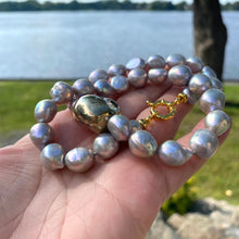 Load image into Gallery viewer, Grey Pearl Necklace, Gold Marine Clasp