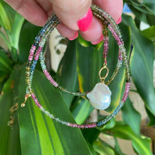 Load image into Gallery viewer, Toggle Clasp Necklace with Tourmaline, Baroque Pearl Pendant and Gold Vermeil