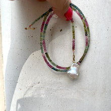 Load image into Gallery viewer, Minimalist Baroque Pearl and Tourmaline Necklace with T-Bar Clasp