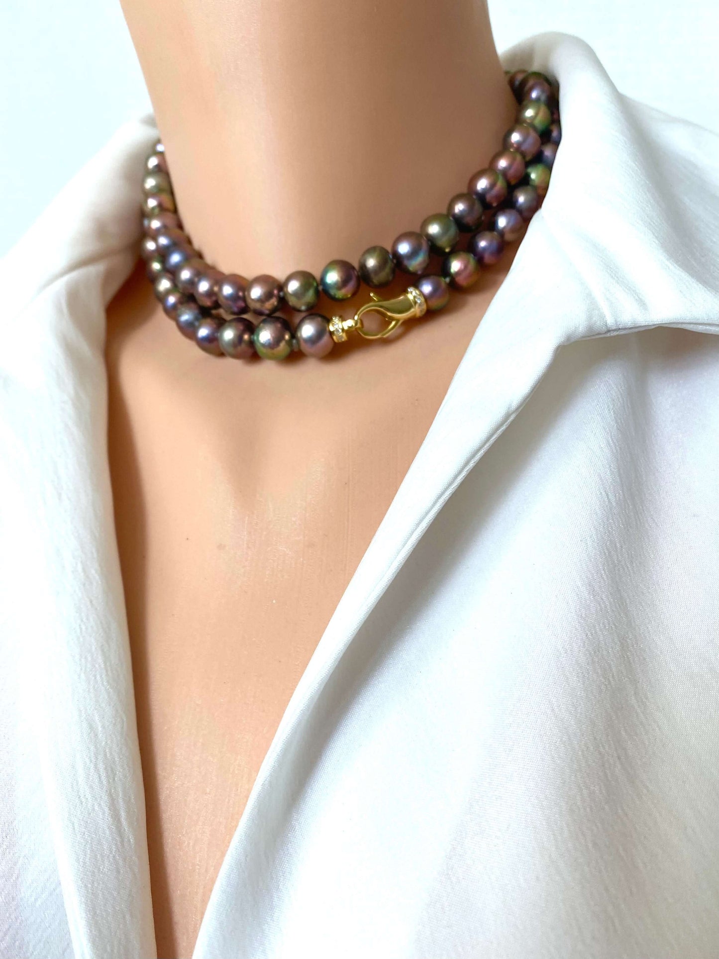 Metallic Pearl Necklace, Long Freshwater Pearl Necklace, Double Wrap Pearl Choker, Y Necklace, 31.5"