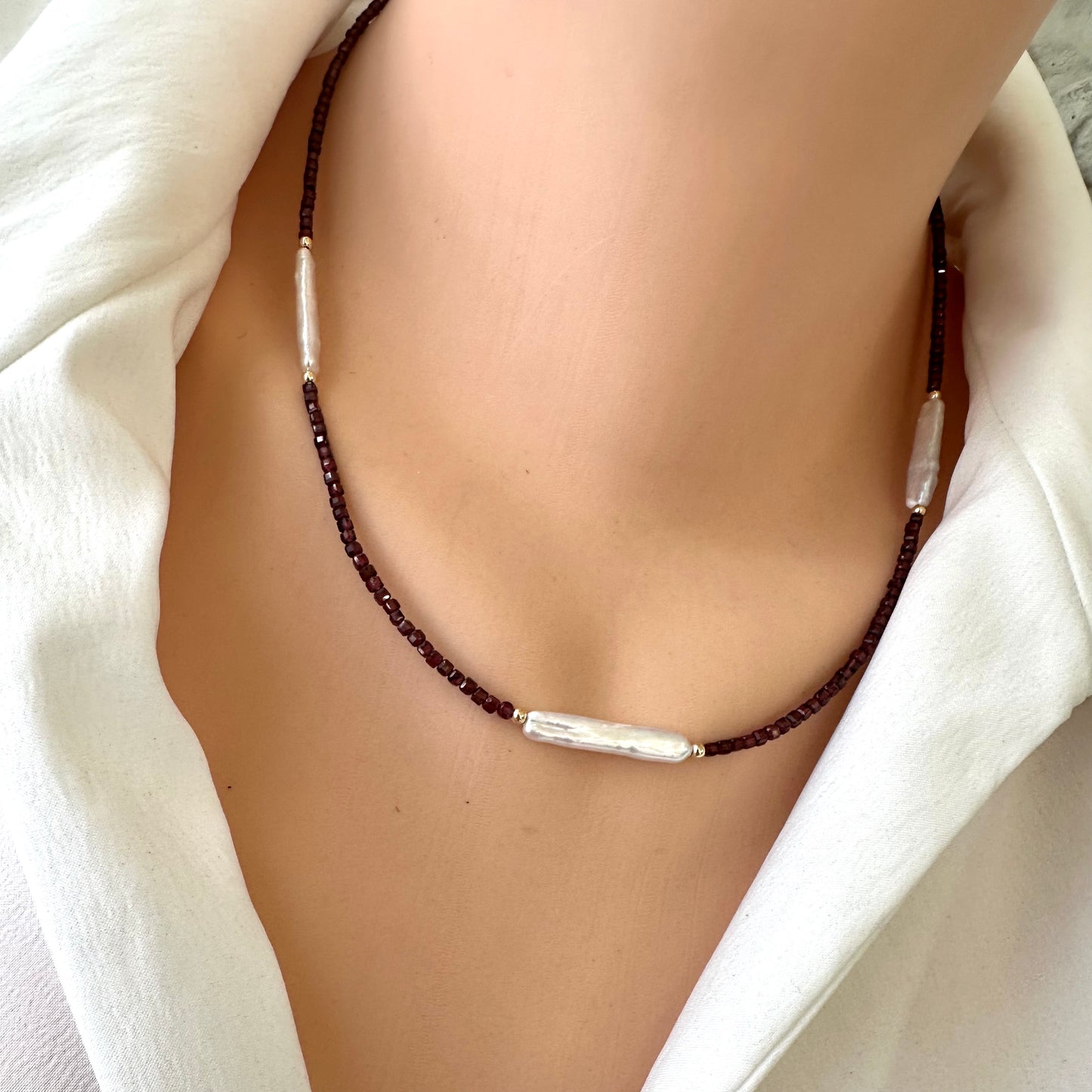 Close-up of Garnet Pearl Necklace beads and Baroque pearls – handcrafted in Canada