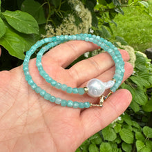 Carica l'immagine nel visualizzatore di Gallery, Faceted cube shape Blue Amazonite Necklace with Fresh Water White Baroque Pearl and Gold Filled Details, 17"inches