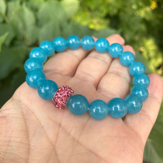 Blue sponge rose quartz pearl stretchy bracelet featuring blue sponge quartz and pearl accent