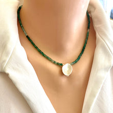 Load image into Gallery viewer, Minimalist Short Beaded Necklace featuring Shaded Green Onyx and Lustrous Keshi Pearl, 16.5 inches