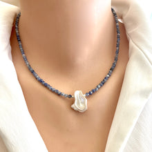 Load image into Gallery viewer, Blue Sodalite and White Keshi Pearl Minimalist Necklace, Sterling Silver, 17"inches Long