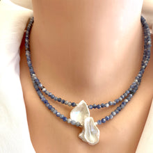 Load image into Gallery viewer, Blue Sodalite and White Keshi Pearl Minimalist Necklace, Sterling Silver, 16"or 17"inches Short