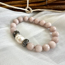 Load image into Gallery viewer, Light Pinkish Grey Jade Beads & Freshwater Pearl Stretch Bracelet, Polymer Clay Rhinestones, Sparkly Statement Jewelry, Bracelets For Women