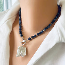 Load image into Gallery viewer, Blue Sodalite Toggle Necklace with Square Shape Keshi Pearl Pendant, Sterling Silver, 17"inches