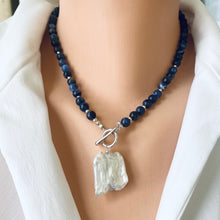 Load image into Gallery viewer, Blue Sodalite Toggle Necklace with Square Shape Keshi Pearl Pendant, Sterling Silver, 17"inches