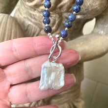 Load image into Gallery viewer, Blue Sodalite Toggle Necklace with Square Shape Keshi Pearl Pendant, Sterling Silver, 17"inches