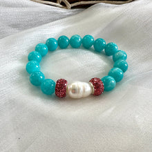 Load image into Gallery viewer, Teal Blue Jade Bracelet with Pearls