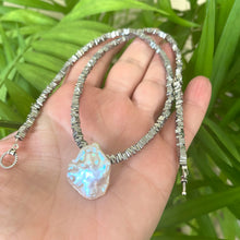 Load image into Gallery viewer, Silver Coated Hematite Square Heishi Beads with Large Keshi Pearl Short Necklace, 18"inch Silver Toggle Clasp