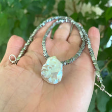 Load image into Gallery viewer, Silver Coated Hematite Square Heishi Beads with Large Keshi Pearl Short Necklace, 18"inch Silver Toggle Clasp