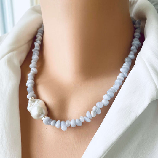 Blue lace agate pearl necklace handmade in Canada
