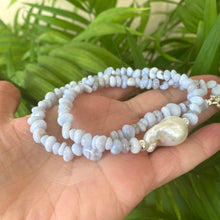Load image into Gallery viewer, Blue Lace Agate Nugget Beads Necklace and Freshwater Baroque Pearl, Sterling Silver, 18.5"inches