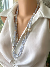 Load image into Gallery viewer, Blue Lace Agate & Freshwater Pearl Necklace, 64'in Long Layered Everyday Necklace, Gold Plated